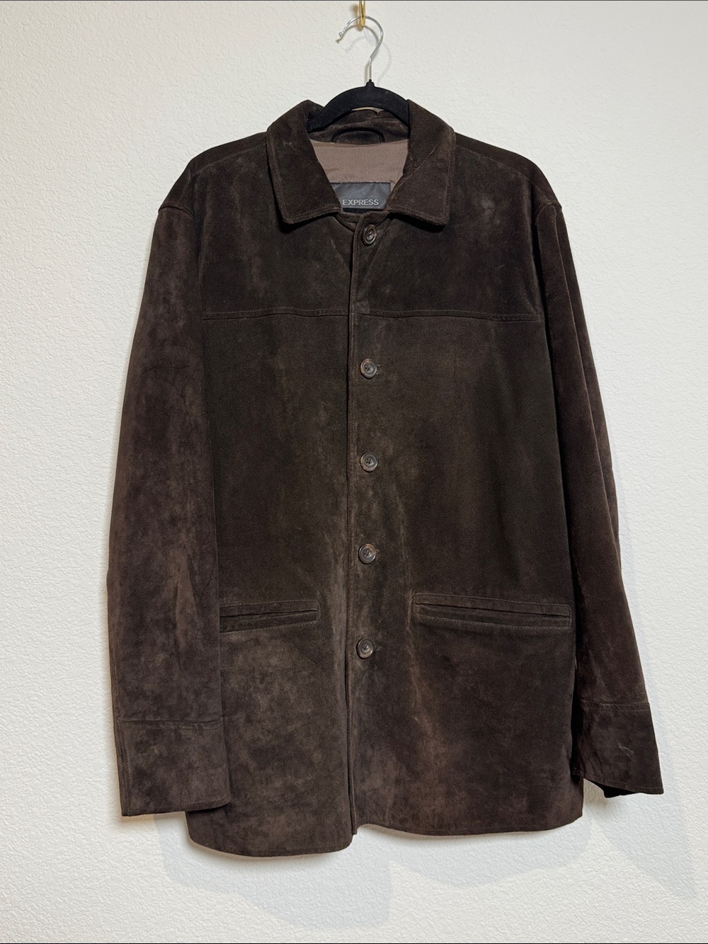 Express Men's Dark Brown Suede Button-Front Chore Coat Large